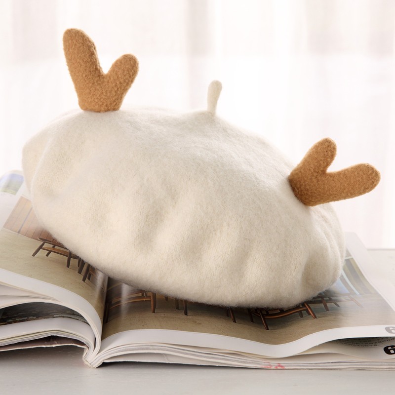 Children's wool antler cartoon beret, children's hat, soft-brimmed fisherman's hat, cute winter warm hat, children's hat detail image 3