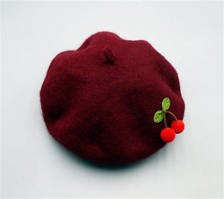 Children's cherry wool knitted berets, children's hats, soft-brim cartoon fisherman hats, winter fashionable warm hats, children's hats detail image 1