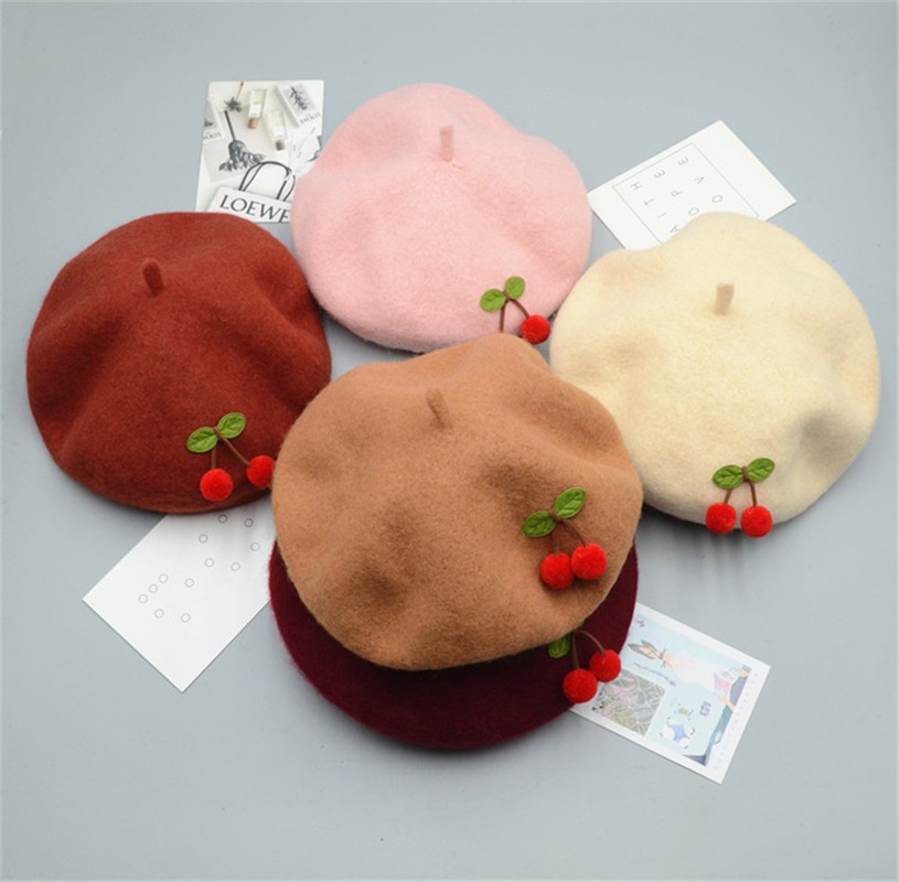 Children's cherry wool knitted berets, children's hats, soft-brim cartoon fisherman hats, winter fashionable warm hats, children's hats detail image 3