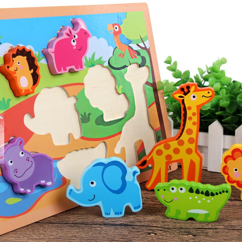 Large-sized children's wooden three-dimensional animal jigsaw puzzle board, wooden beneficial intelligence baby early education building block toy 0.4 details Picture