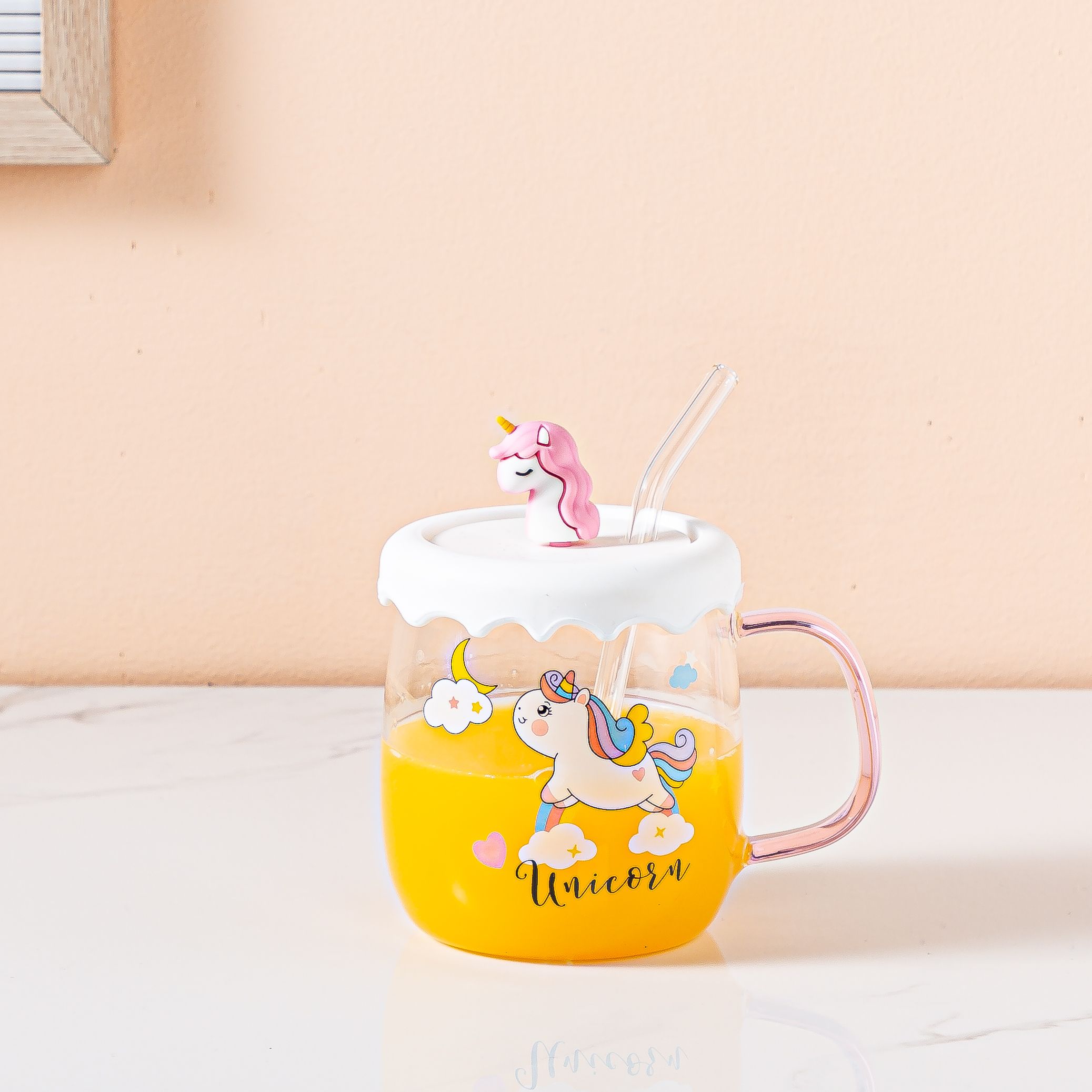 Creative cartoon cute glass cup, ins fresh and clean unicorn transparent water cup with straw, home breakfast cup, Zhuoqia 033 Specification image