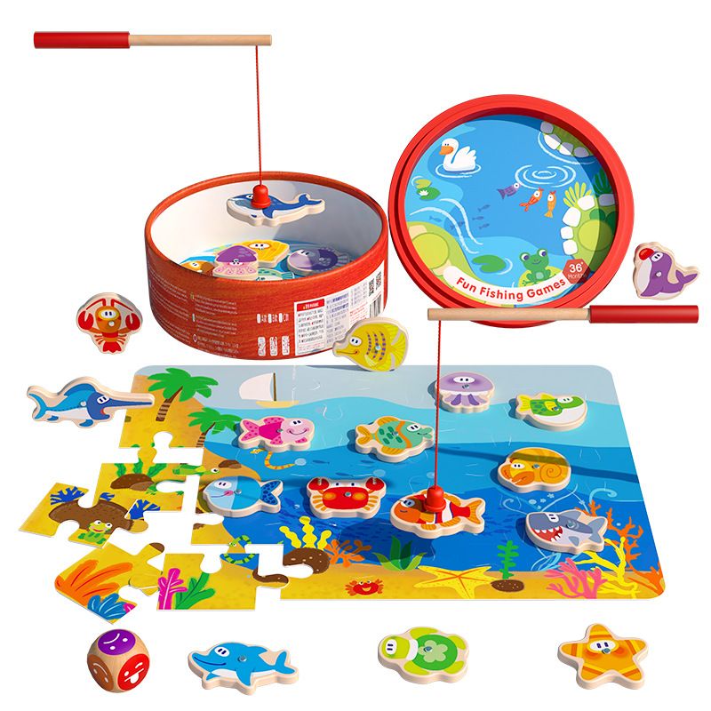 Big hand holding little hand fishing toy, ocean magnetic fishing bucket, double-sided printed educational children's wooden toy details Picture