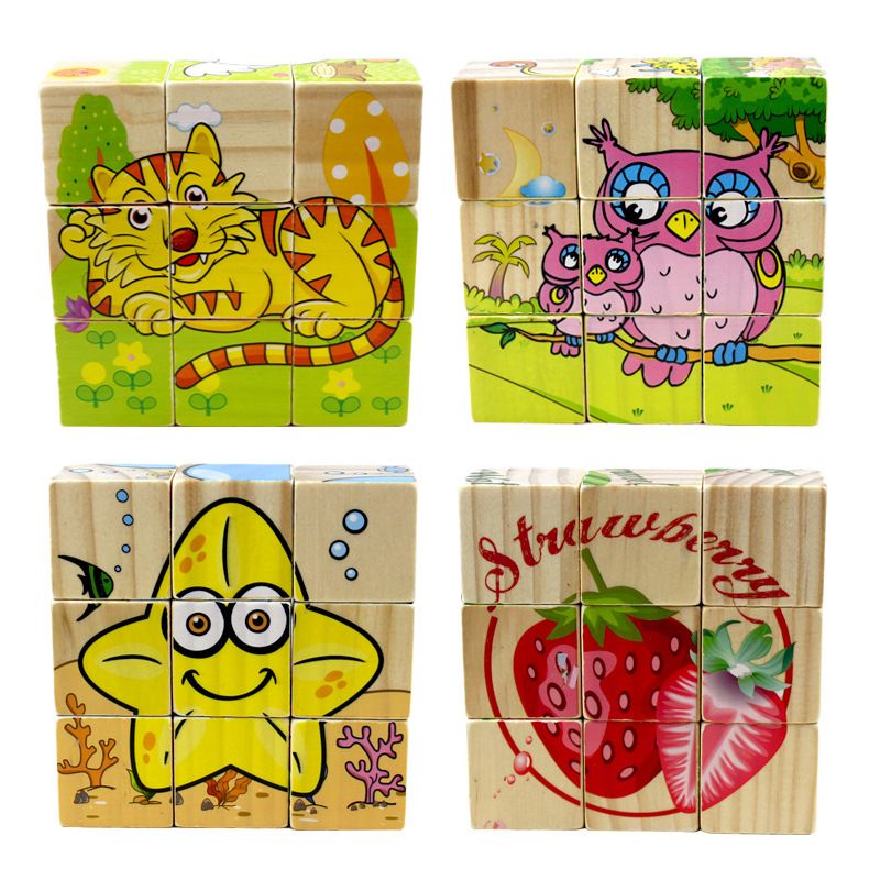 Wholesale wooden cartoon fruit and animal three-dimensional puzzle building blocks, six-sided drawing small toys for children's intelligence and early education details Picture