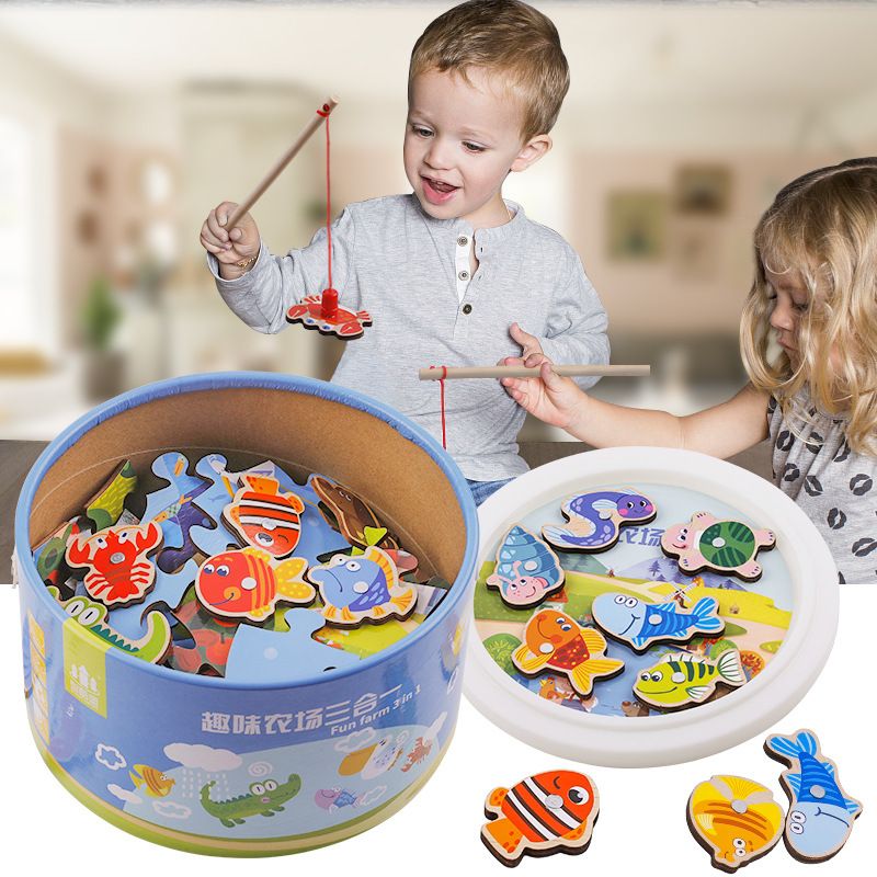 3d stereoscopic fishing puzzle Fun farm Ocean three-in-one magnetic fishing wooden parent-child educational board game toy details Picture