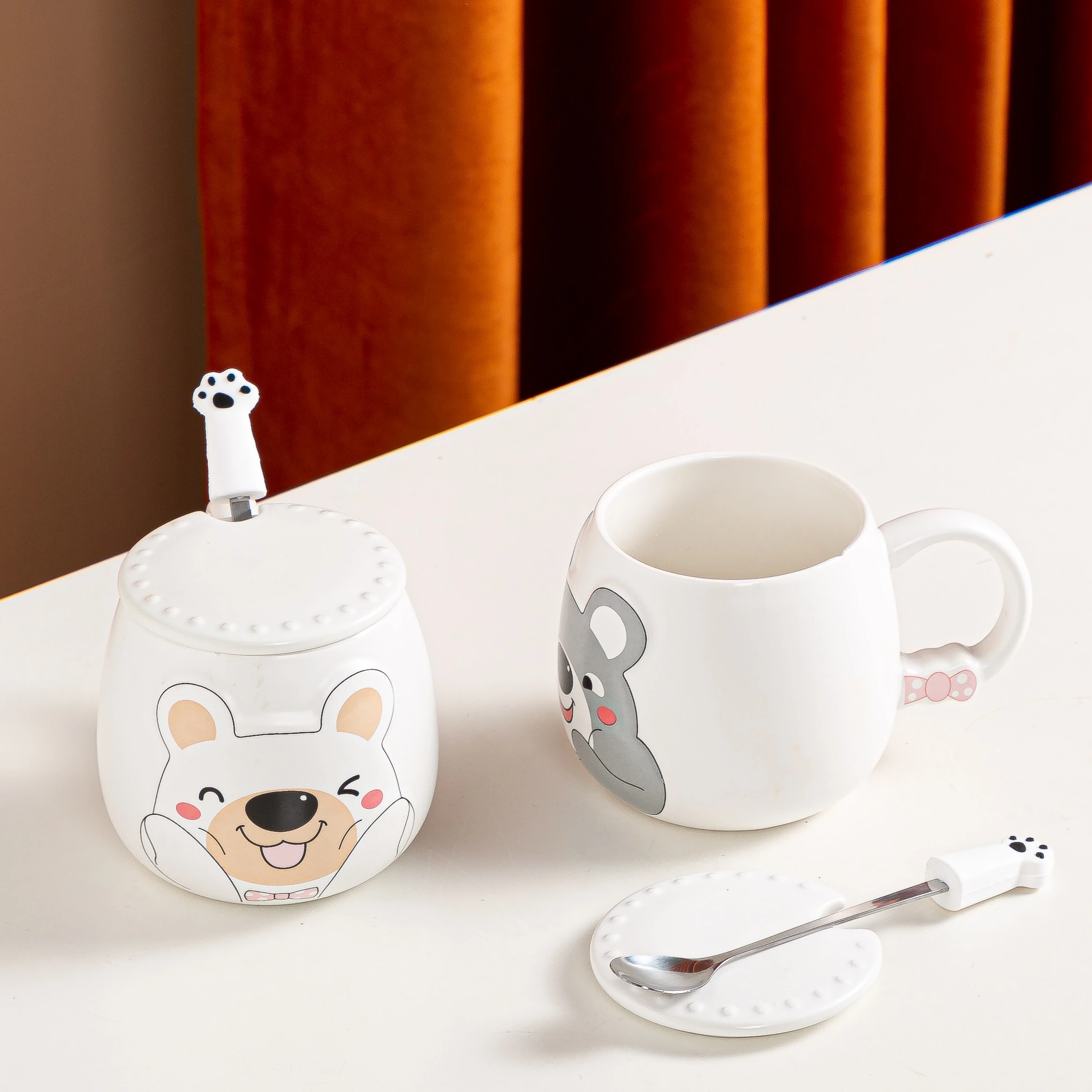 Embossed Korean cartoon creative mugs, cereal breakfast ceramic cups, covered spoon water cups, custom gift cups, cartoon mugs, Zhuoqia 037 detail image 5