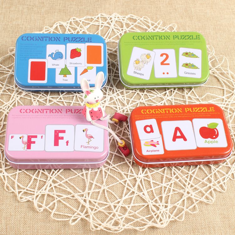 Wooden toys, educational puzzles, intellectual early education puzzles, parent-child games, exercise hand-eye coordination, iron box card matching, 8 types of toys