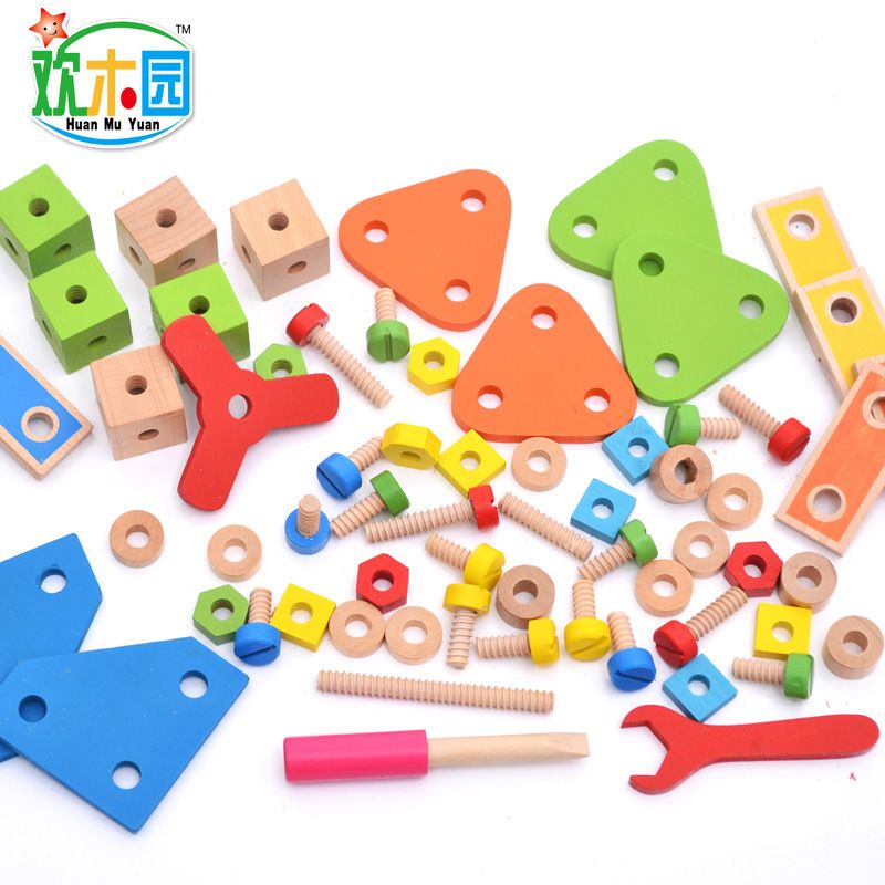 A multi-functional children's educational and versatile creative building block toy made of 70 wooden nuts, capable of tapping and disassembling screws details Picture