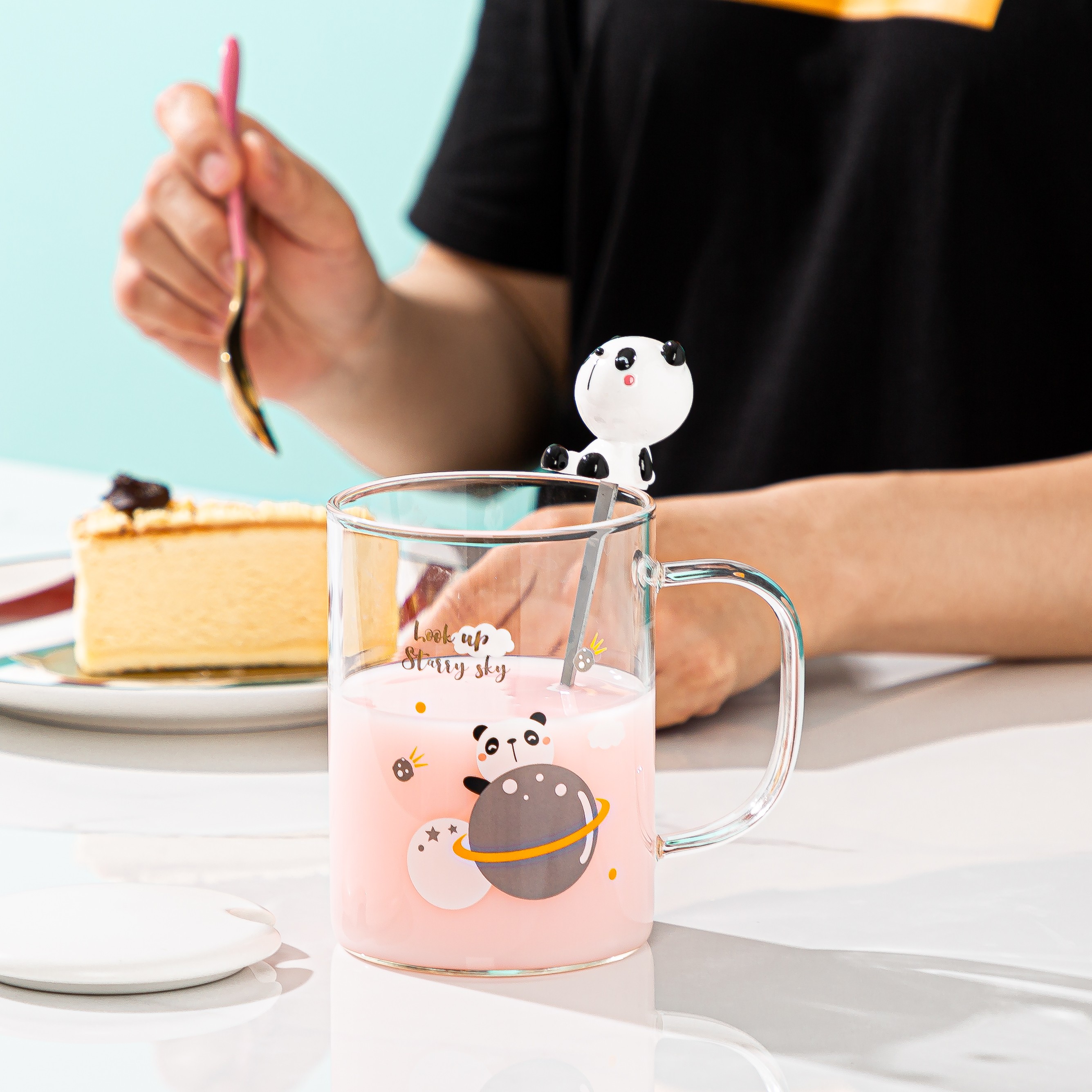 Creative cartoon glass cups with covered spoons, planet cups, cute boy and girl student coffee cups, household breakfast transparent cups, Zhuoqia 074 pic 5
