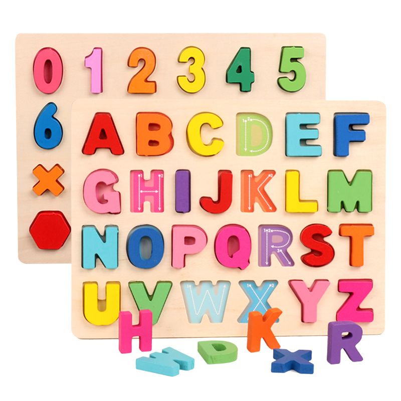 Wooden children's number and letter matching board, baby color and shape recognition puzzle board, early education and intelligence toy