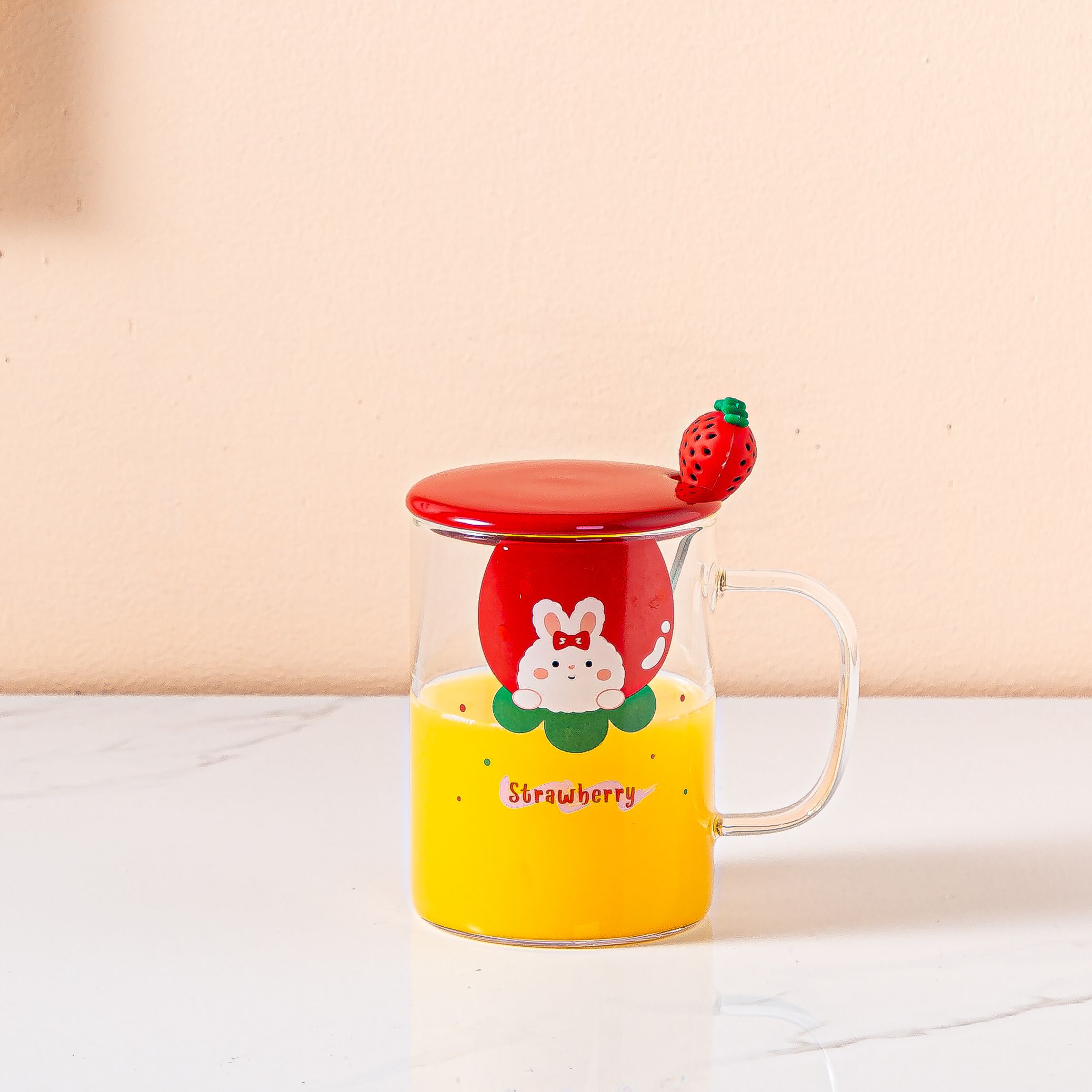 New InS-style cute glass cup, cartoon strawberry transparent water cup, home beverage coffee cup, covered spoon, Zhuoqia 034 Item Picture