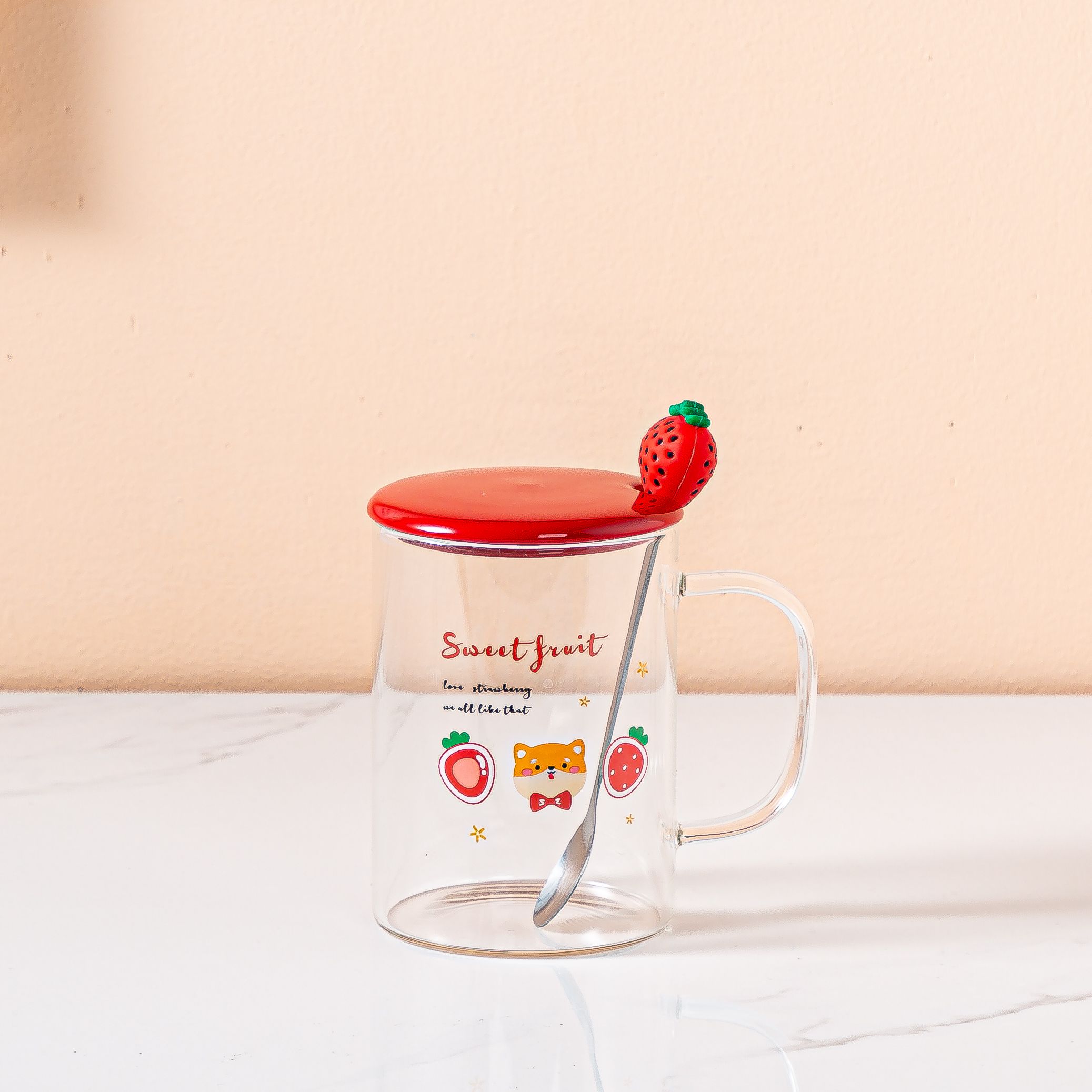 New InS-style cute glass cup, cartoon strawberry transparent water cup, home beverage coffee cup, covered spoon, Zhuoqia 034 details Picture