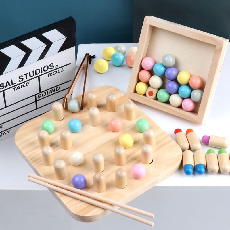 Wooden memory chess with beads and balls and beans toys 0.6 Children practice chopsticks memory training 2-in-1