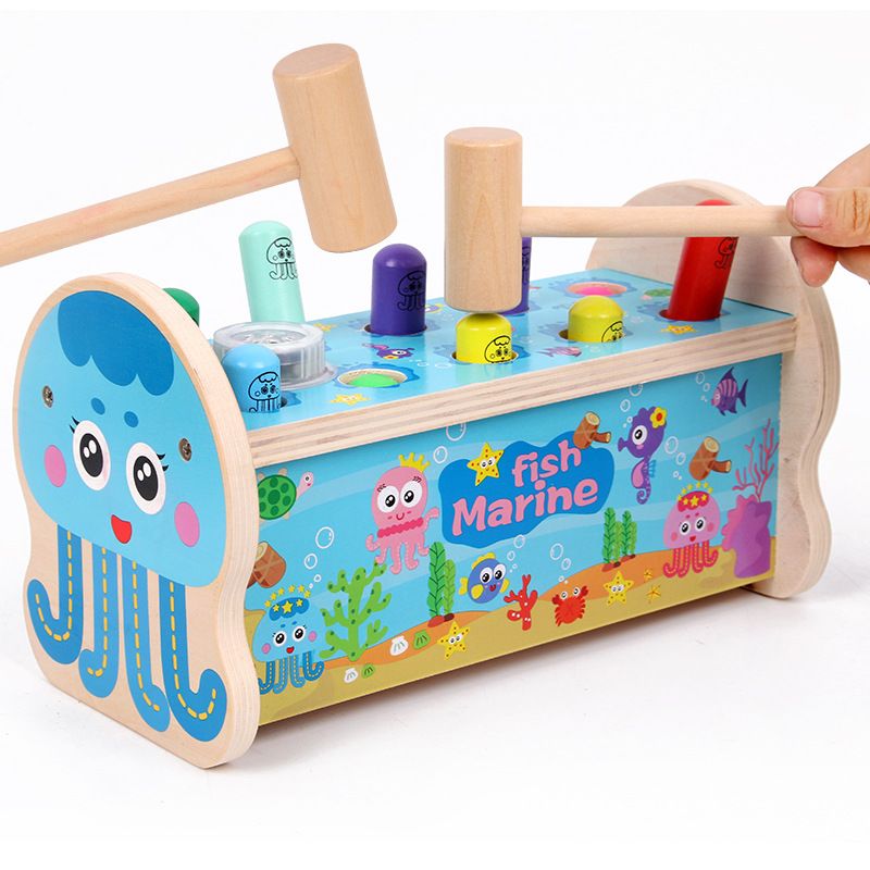 Fun children's wooden ocean whac-a-Mole tapping game, double-hammer hand-eye coordination exercise, baby reaction and intelligence toy details Picture