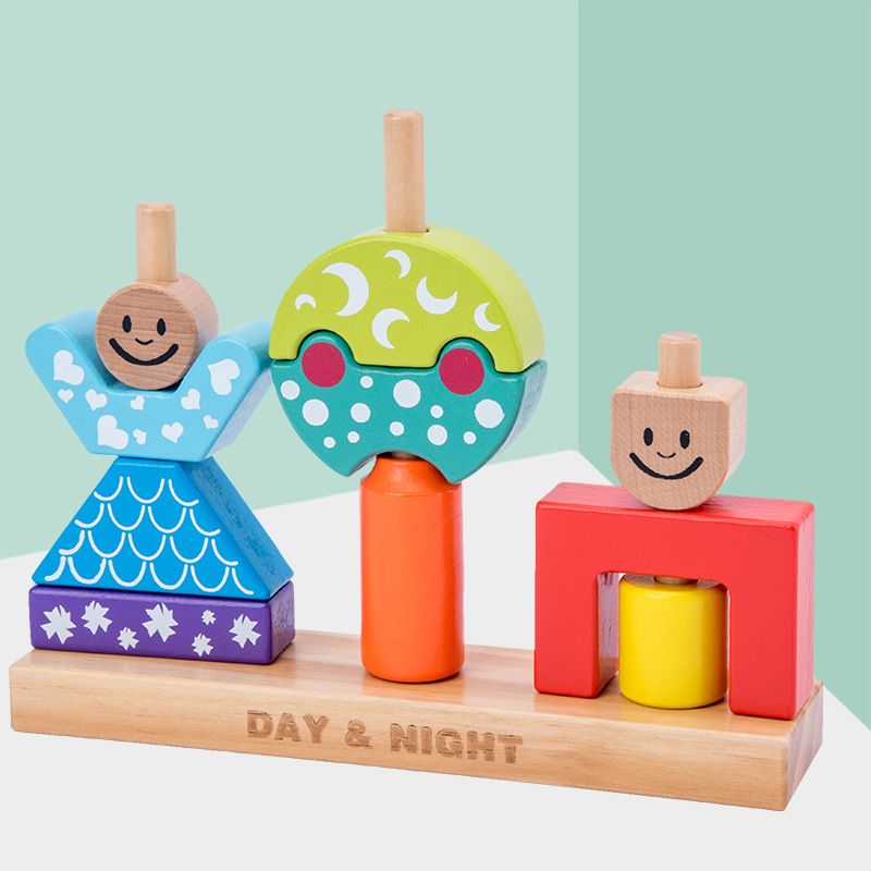 Wooden children's early education intelligence-boosting day and night creative building block tower building blocks shape recognition parent-child interactive toys