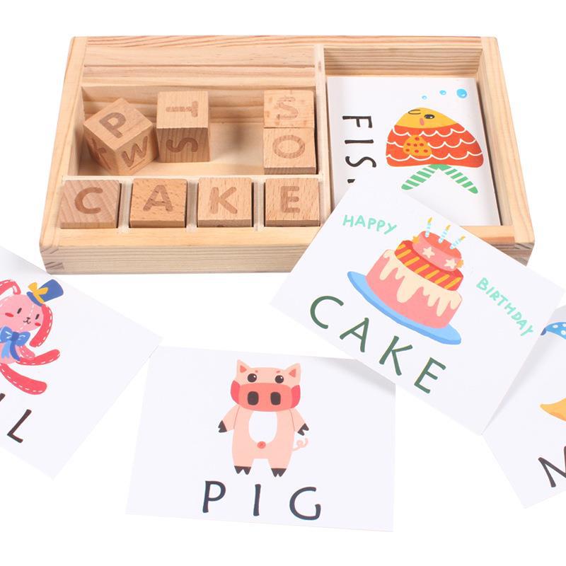 Wooden children's word game English cardboard puzzle enlightens baby to learn alphabet building blocks toys wholesale