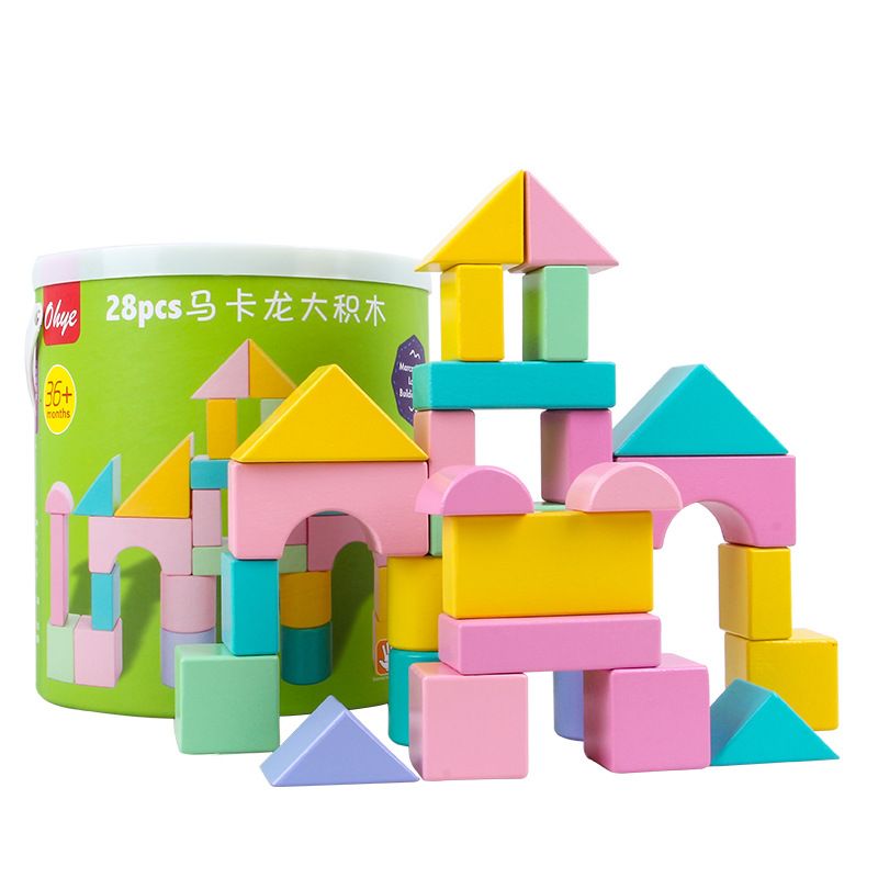 Wholesale of 28 large macaron colored building blocks in a wooden children's intelligence bucket for shape recognition and early education toys Specification image