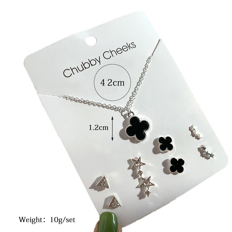 Korean version four-leaf clover pearl heart-shaped necklace for women, Weekly earrings, collarbone chain set, 465