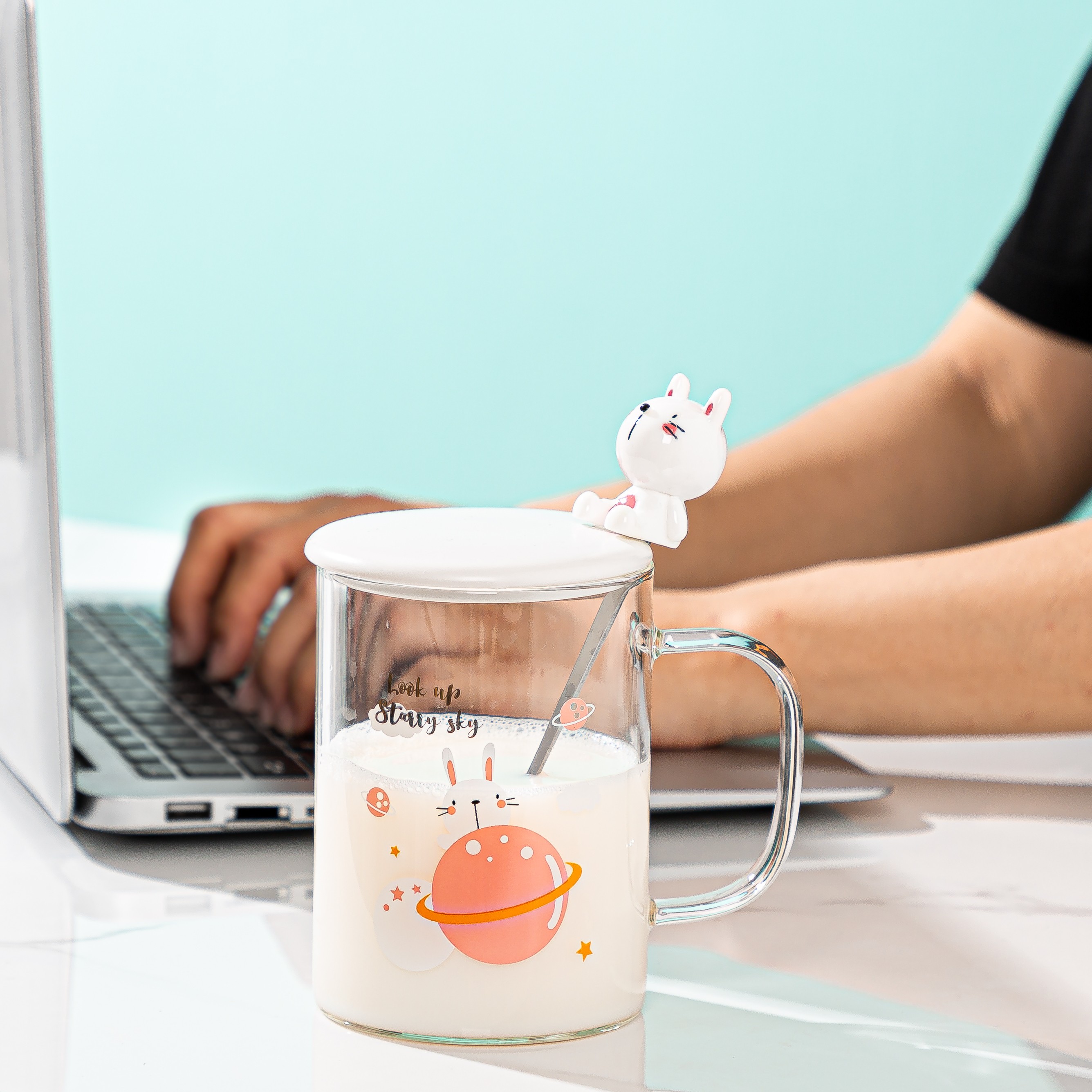 Creative cartoon glass cups with covered spoons, planet cups, cute boy and girl student coffee cups, household breakfast transparent cups, Zhuoqia 074 pic 4