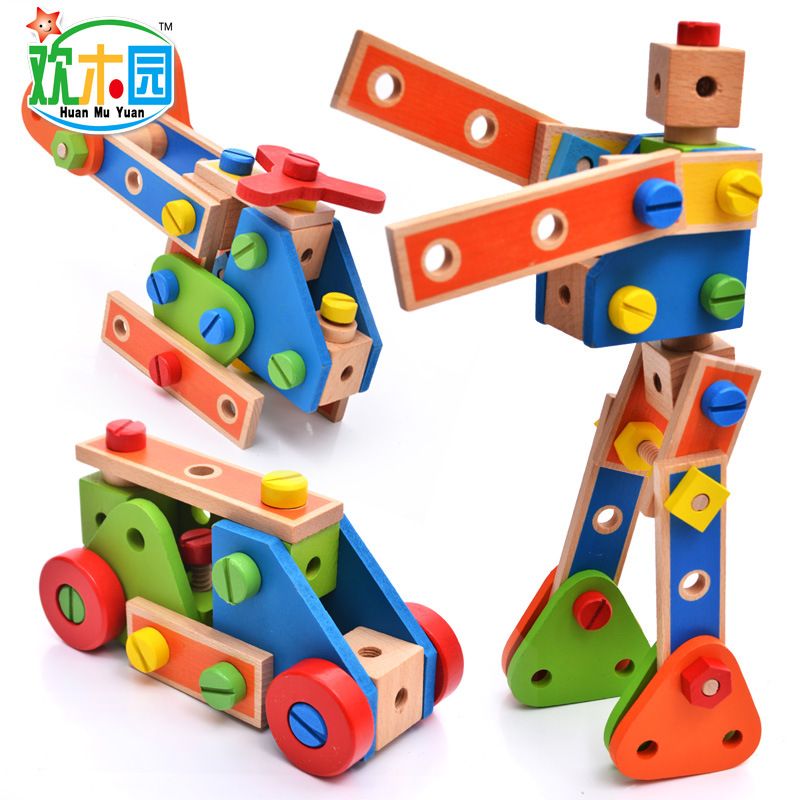 A multi-functional children's educational and versatile creative building block toy made of 70 wooden nuts, capable of tapping and disassembling screws