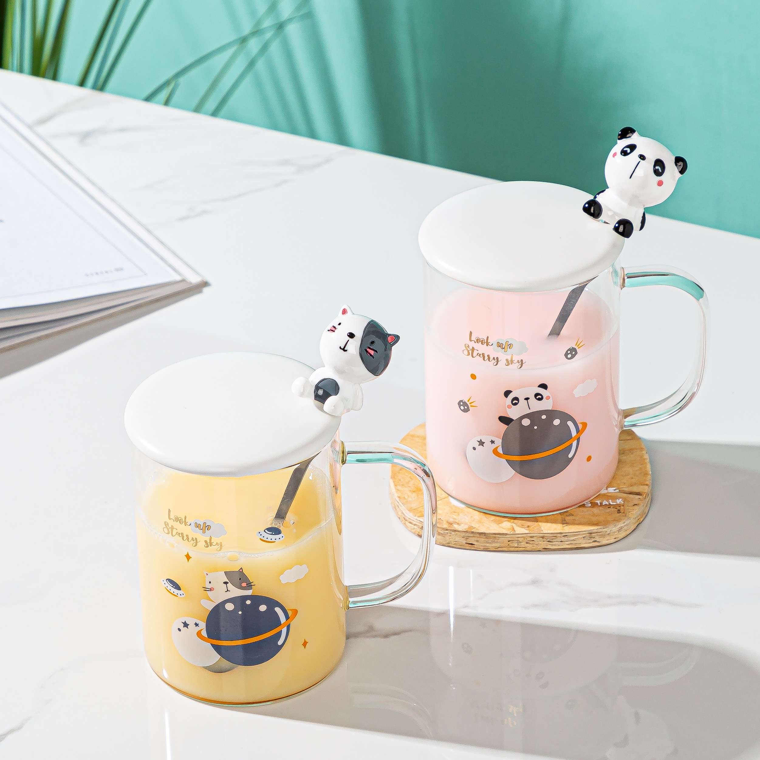 Creative cartoon glass cups with covered spoons, planet cups, cute boy and girl student coffee cups, household breakfast transparent cups, Zhuoqia 074 pic 7