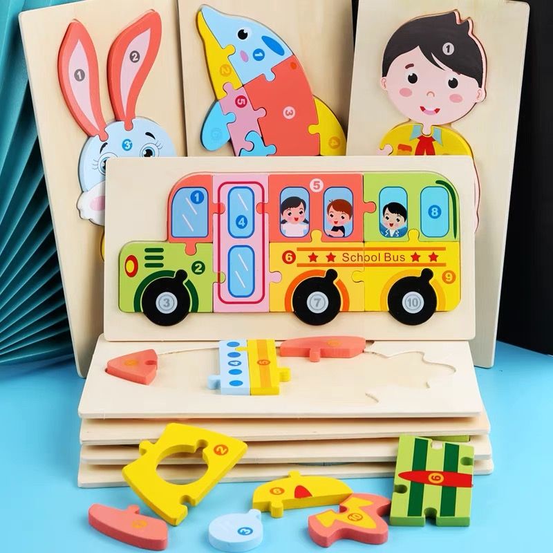 Wooden large snap-on assembly jigsaw puzzles for infants and children aged 1-2-3 to 4, early education and intelligence toys for boys and girls