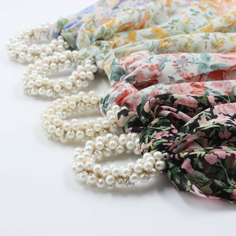 韩版碎花雪纺印花飘带珍珠温柔仙女甜美新款发圈发绳皮筋