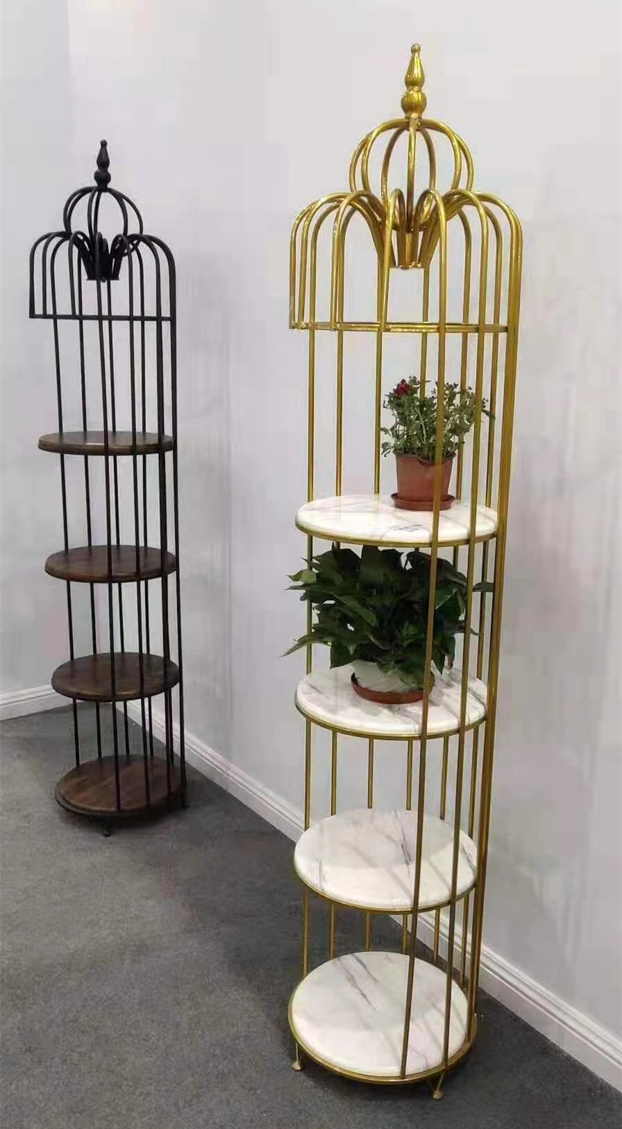 吕字家具-复古美式置物架圆形多层花架铁艺实木花架鸟笼客厅卧室详情8