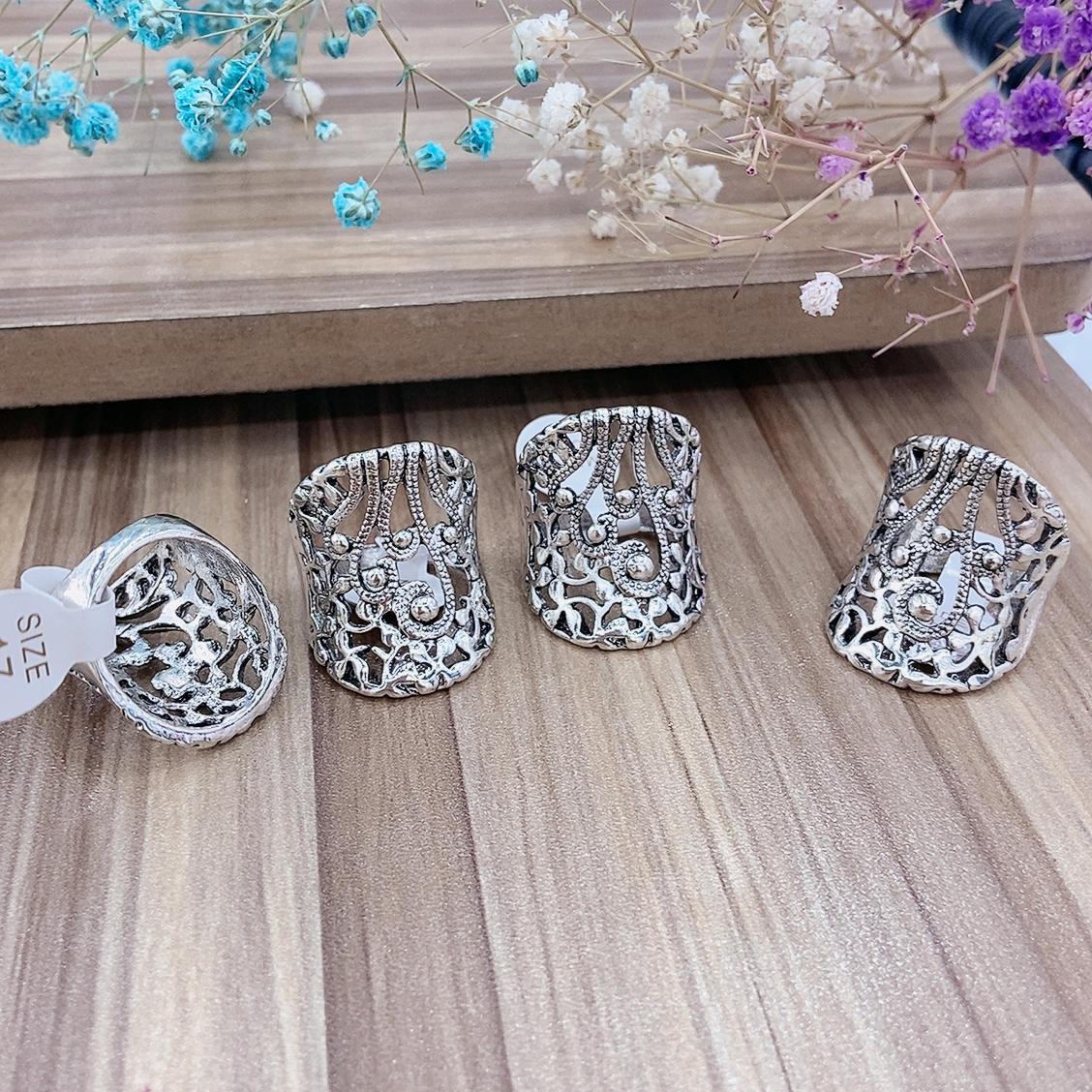 Vintage style Antique silver flower ring silver plated exaggerated antique silver glossy premium ring