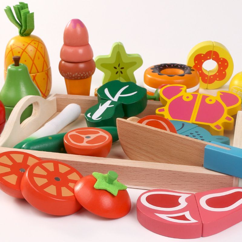 Wood cut children's wooden tray magnetic cut fruit toys fruit and vegetables cut happy play a family toy a report This product support seven days no reason to return Specification drawing