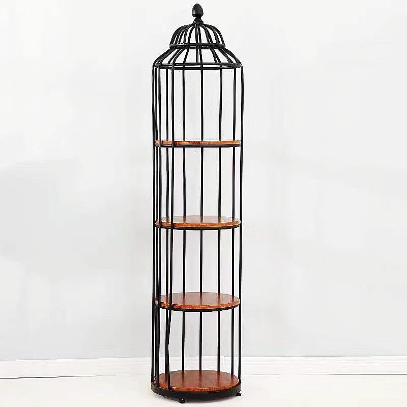 吕字家具-复古美式置物架圆形多层花架铁艺实木花架鸟笼客厅卧室
