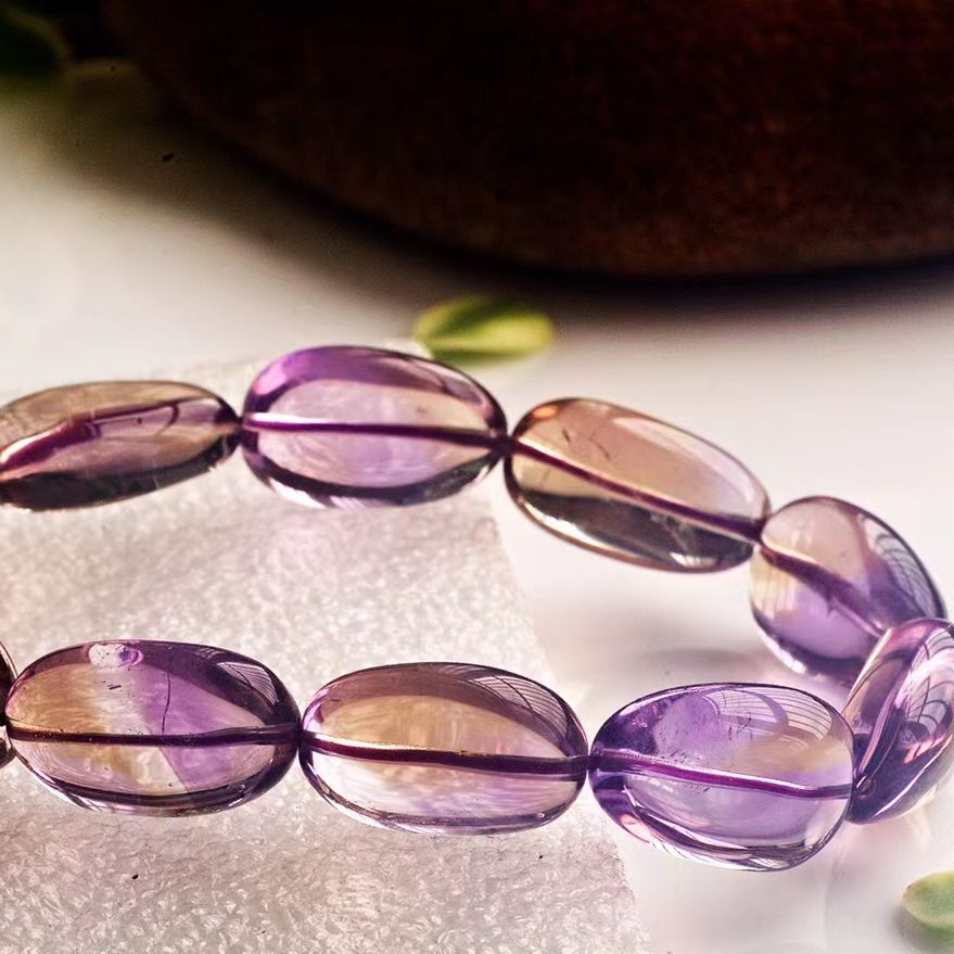 天然紫水晶随形手链 有紫有黄 晶体通透 13mm左右圆珠 51.53克