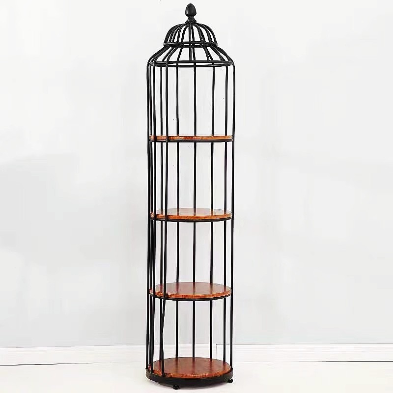吕字家具-复古美式置物架圆形多层花架铁艺实木花架鸟笼客厅卧室详情7