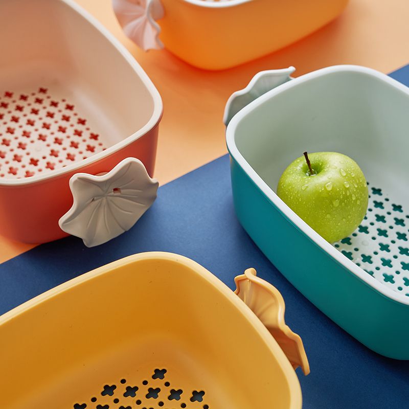 New simple and large-capacity double-layer draining basket, kitchen fruit and vegetable storage basket, creative flower-shaped handle draining basin Item Picture