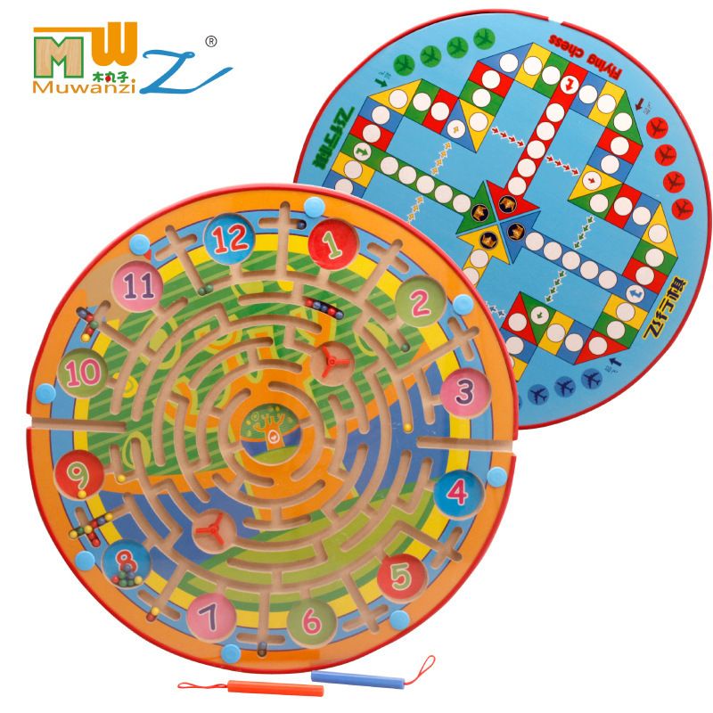 Wholesale customized two-in-one magnetic iron pen-carrying maze bead-moving challenge game, children's wooden early education and intelligence toy