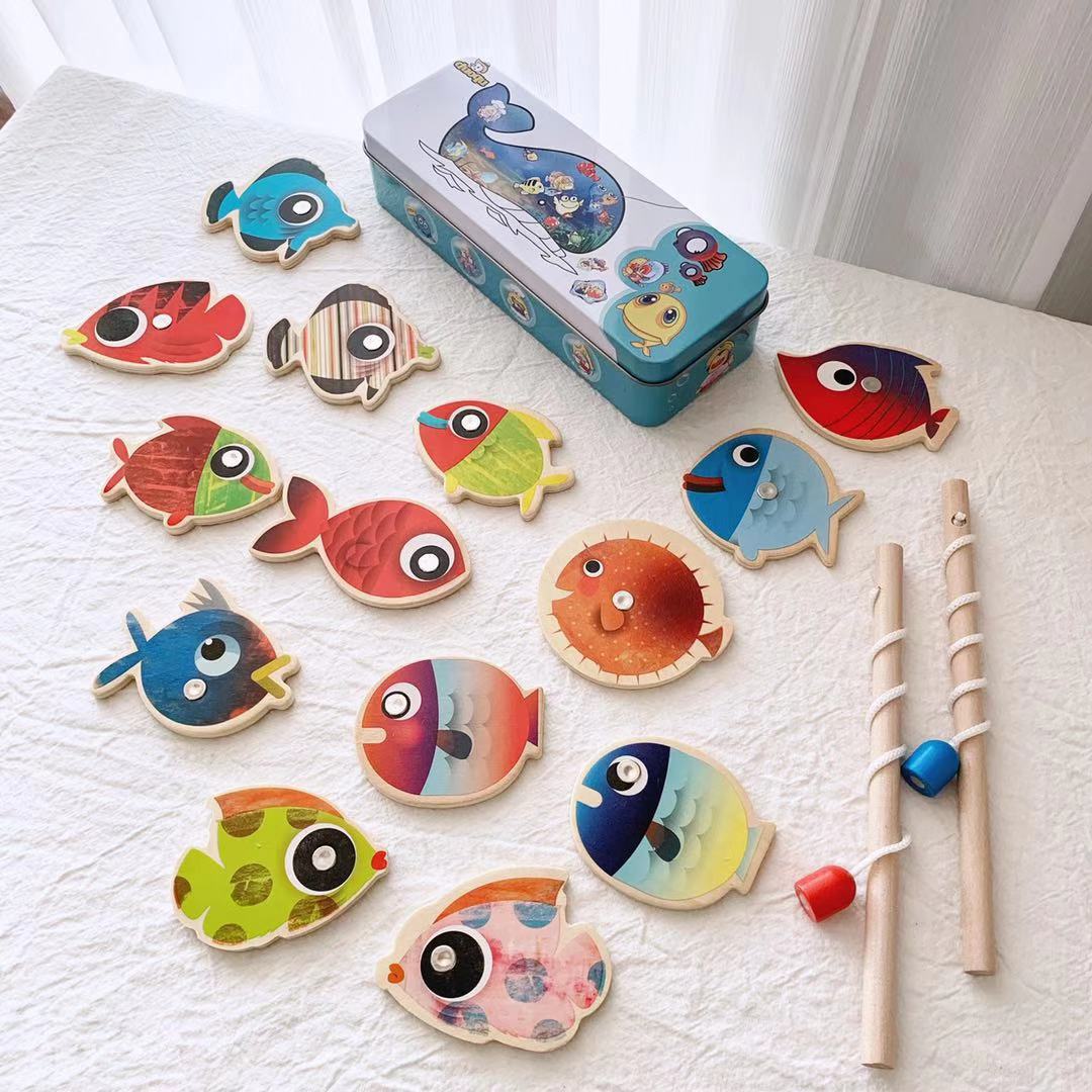 Wholesale of children's wooden toys, magnetic, brightly colored, double-bar iron box fishing toys for infants and children details Picture