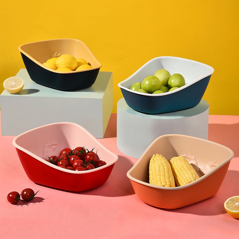 Double-layer vegetable plastic color-blocking draining basket for factory kitchen, large thickened multi-functional solid-color fruit basket full figure