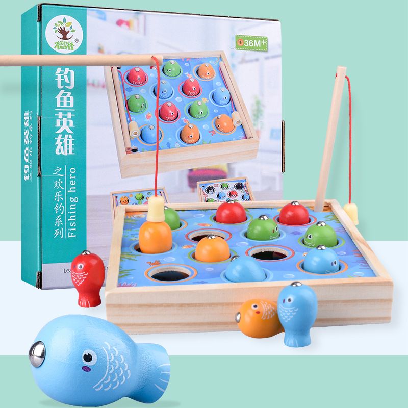 Children's wooden toys, wooden magnetic fishing toys, 3D fishing and stereoscopic insect catching game two-in-one toys.37 details Picture