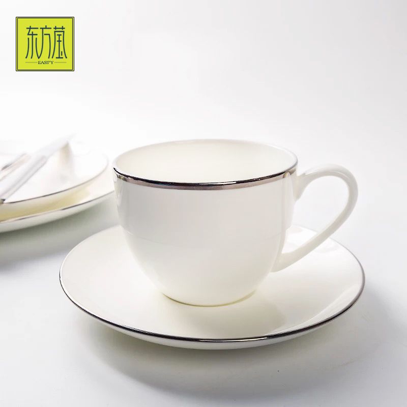Dongfangying Foreign Trade Ceramic Bone China Aijiu Cup and Plate, White Gold edge Coffee Cup, single cup solid Color Tea Cup, Water cup and plate, afternoon tea, European high-end gift, daily use at home details Picture