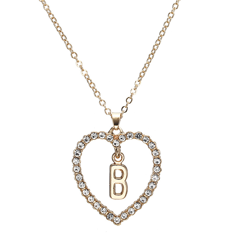 欧美时尚简约潮流爱心镶钻吊坠项链 姓氏桃心字母毛衣链 厂家货源字母B