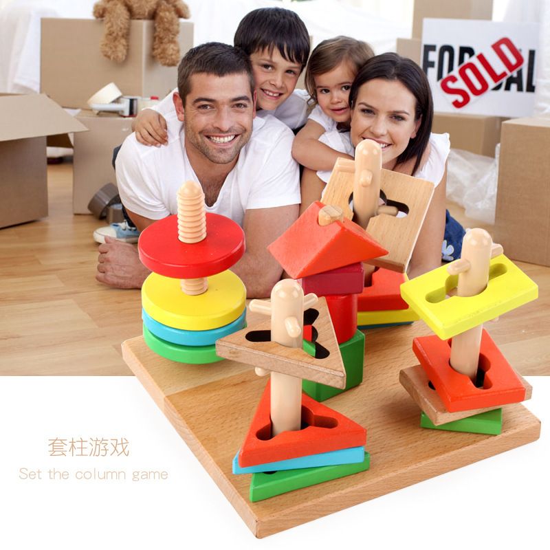 Wholesale custom children's wooden disassemblable five-set column colorful smart plate building blocks geometric shape educational building blocks toys