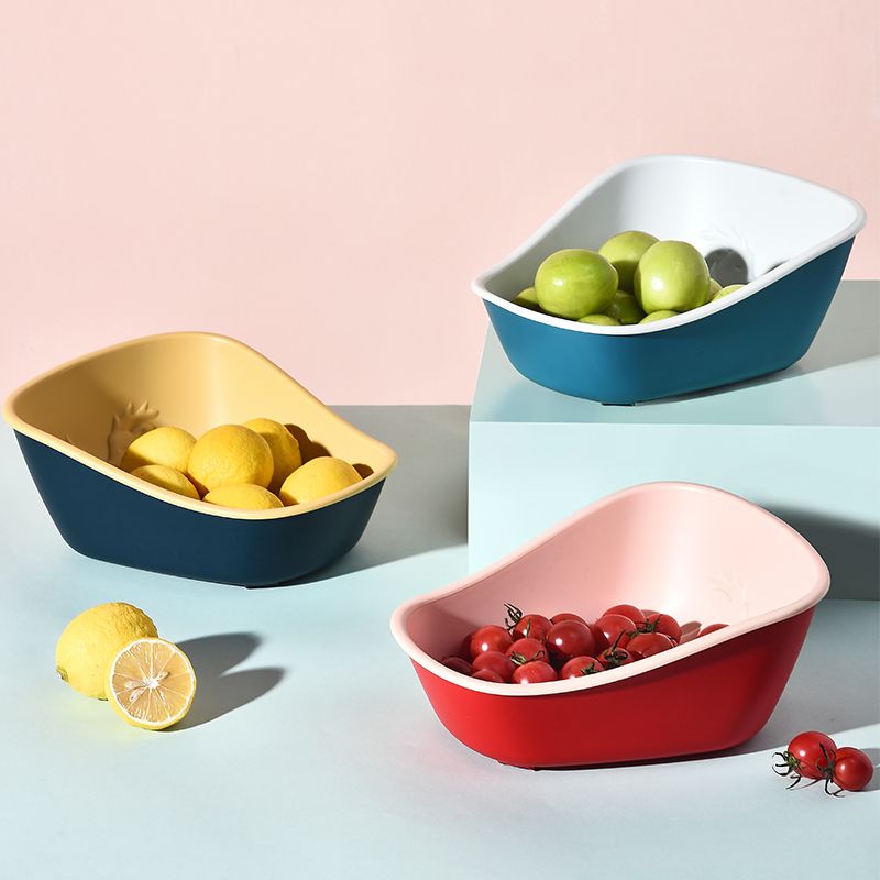 Double-layer vegetable plastic color-blocking draining basket for factory kitchen, large thickened multi-functional solid-color fruit basket Specification drawing