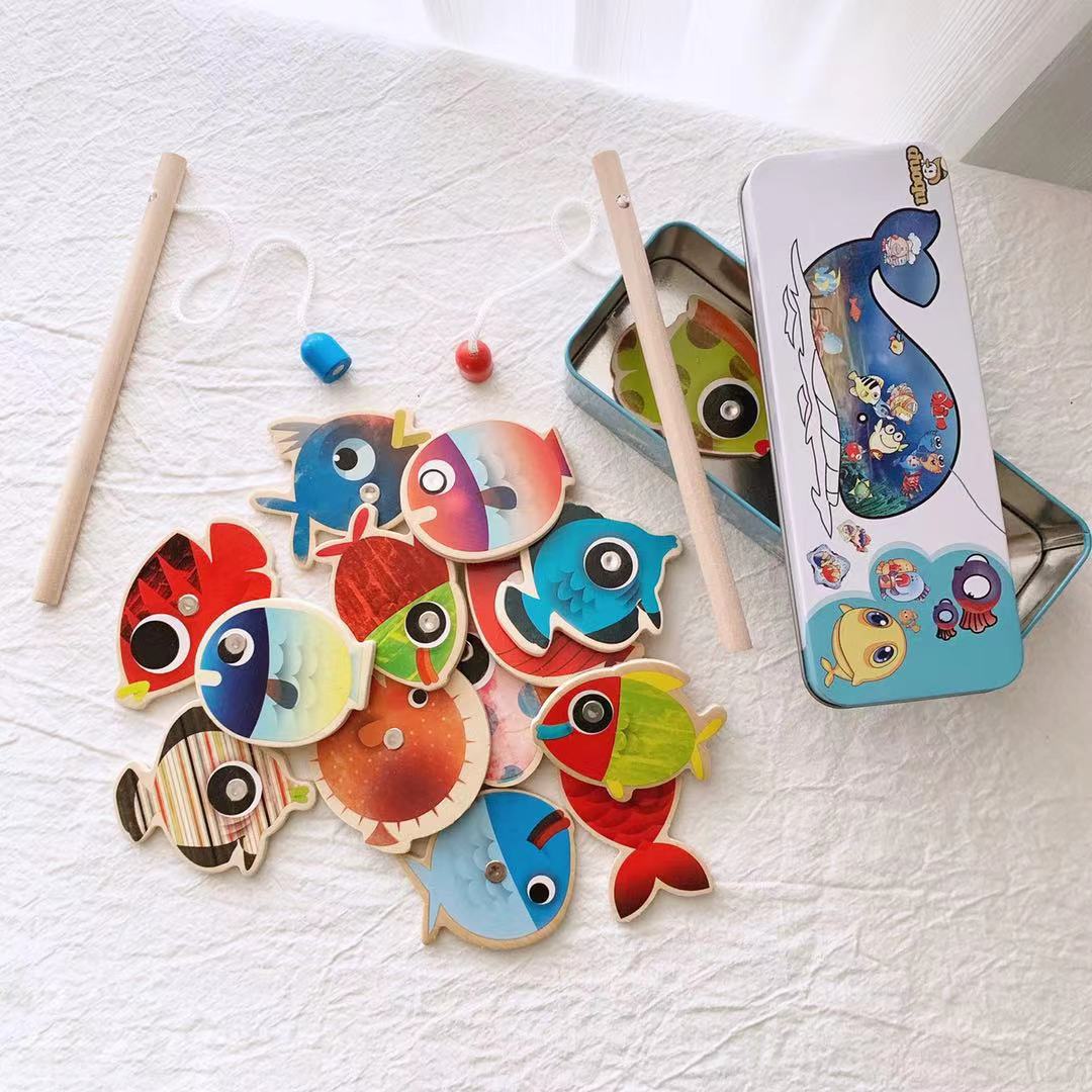 Wholesale of children's wooden toys, magnetic, brightly colored, double-bar iron box fishing toys for infants and children