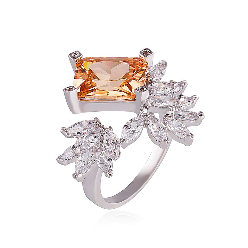 跨境欧美时尚宴会闪亮开口设计金黄大锆石舞台装饰戒指