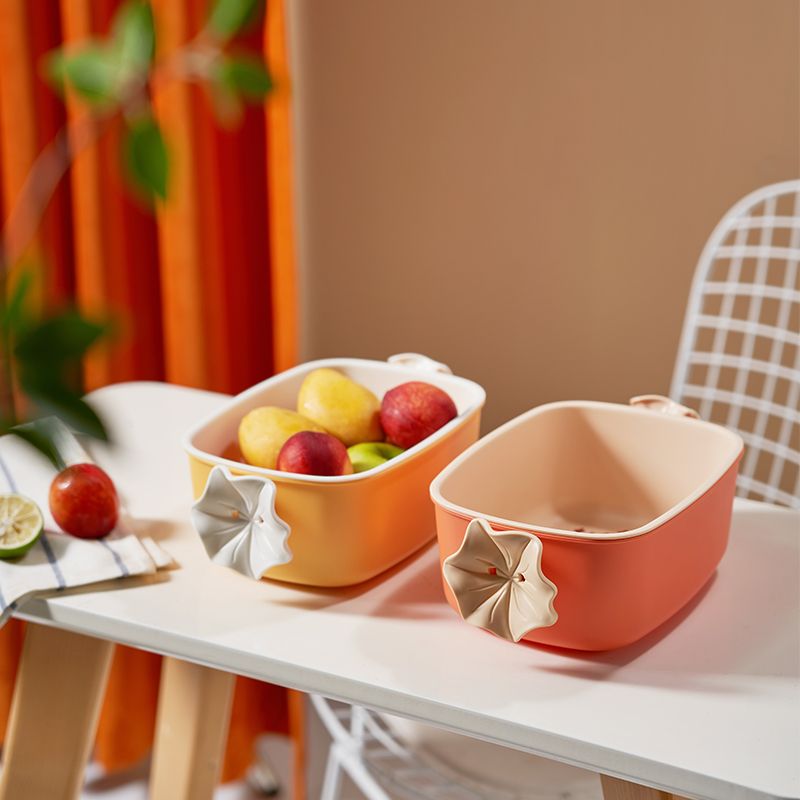 New simple and large-capacity double-layer draining basket, kitchen fruit and vegetable storage basket, creative flower-shaped handle draining basin full figure