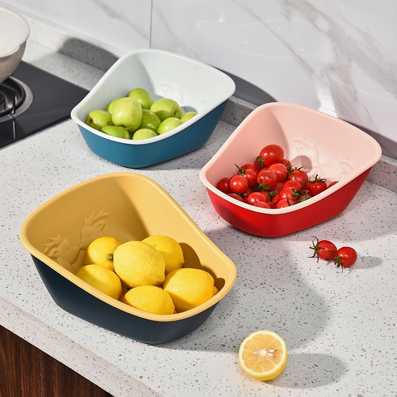 Double-layer vegetable plastic color-blocking draining basket for factory kitchen, large thickened multi-functional solid-color fruit basket details Picture