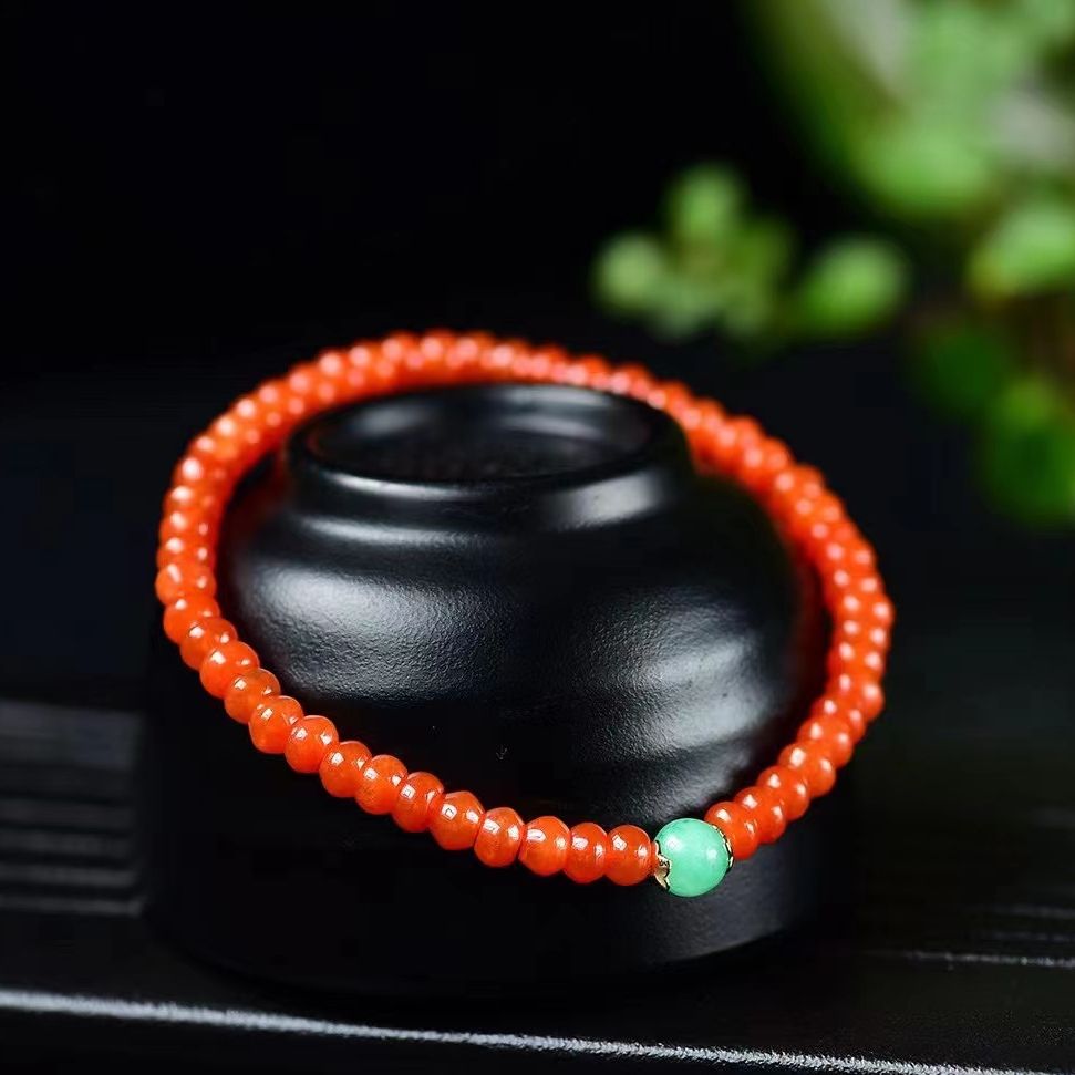精品小手链 红翡配绿翠 A货红翡翠盘珠手链 珠径约5.2mm