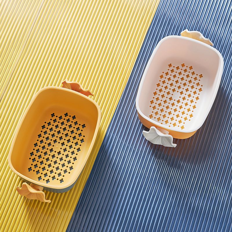 New simple and large-capacity double-layer draining basket, kitchen fruit and vegetable storage basket, creative flower-shaped handle draining basin details Picture