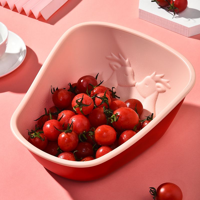 Double-layer vegetable plastic color-blocking draining basket for factory kitchen, large thickened multi-functional solid-color fruit basket Item Picture