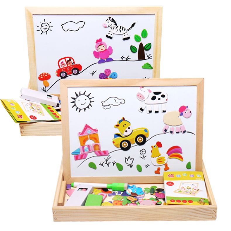 Rich in colors and highly entertaining, it can exercise babies' visual ability to recognize colors, cultivate logical thinking ability, and train early education enlightenment. It is a jigsaw puzzle toy with a double-sided drawing board for fun
