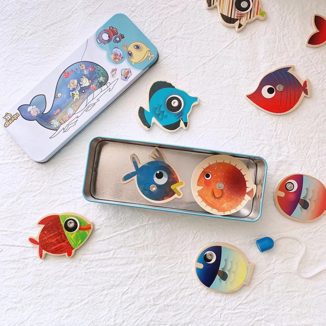 Wholesale of children's wooden toys, magnetic, brightly colored, double-bar iron box fishing toys for infants and children Specification image